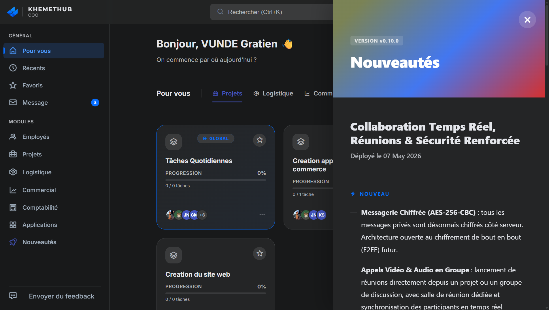 Interface ORGANIQ Dashboard